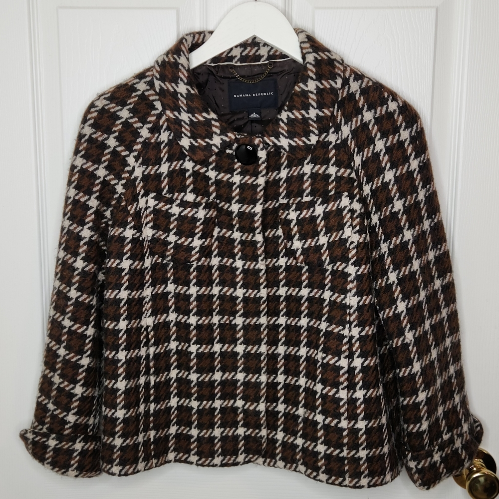 Banana Republic Houndstooth tweed brown white plaid career jacket blazer small